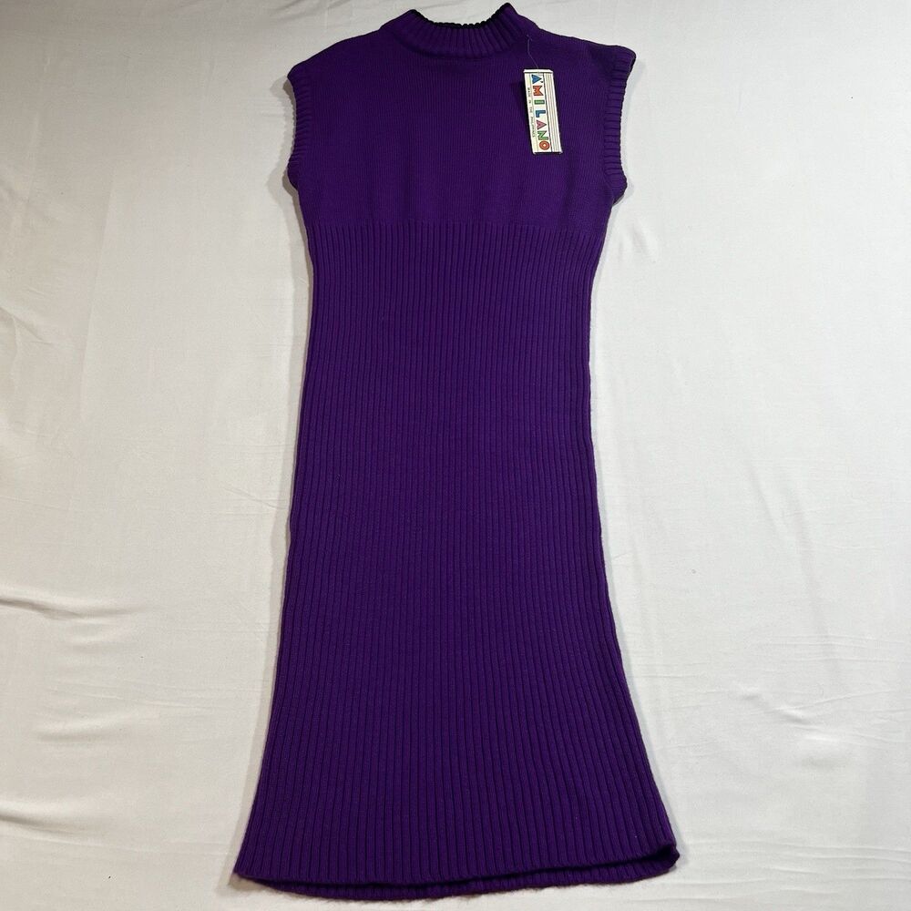 VTG 90s Amilano Purple Ribbed Sleeveless Mock Neck Dress M Deadstock